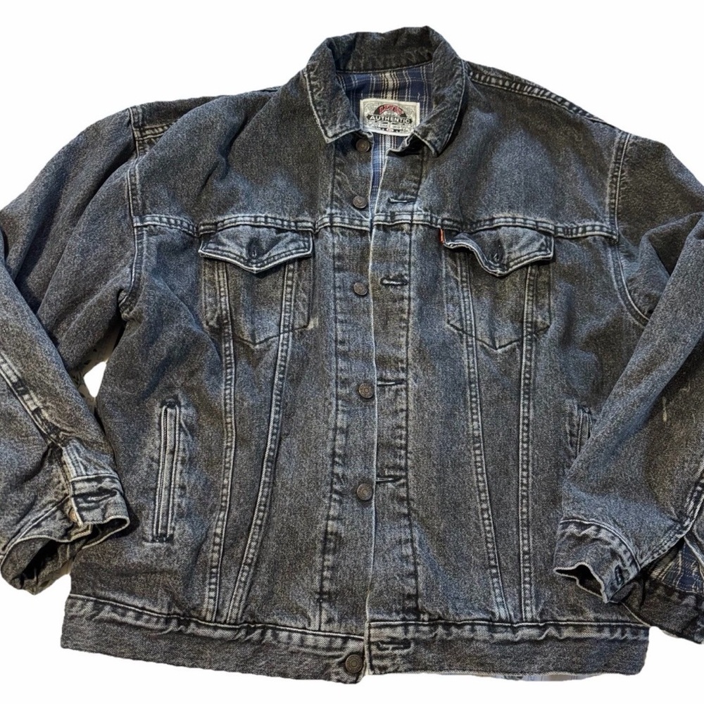 Levi’s Acid Washed Plaid Flannel Lined black Denim Jacket Size XL Usa orange tag